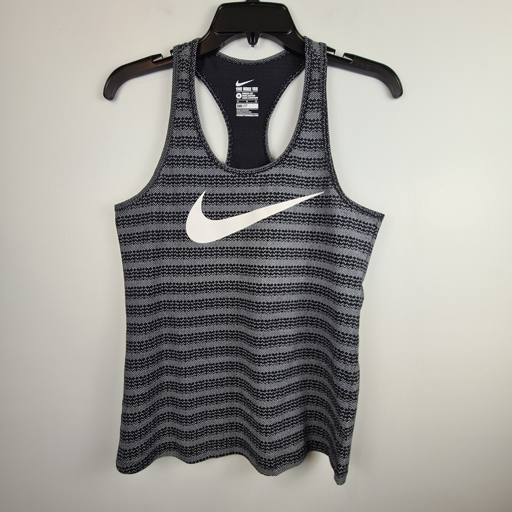 Nike Womens Dri-FIT Racerback Tank Top Black Gray Striped Swoosh Medium Running